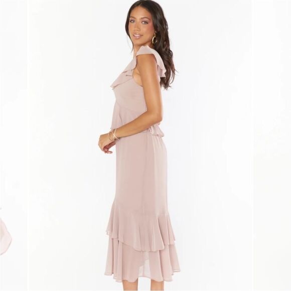 Show Me Your Mumu Wedding Reese Ruffle Dress Side Beige Chiffon NWT  S198 - Picture 4 of 4